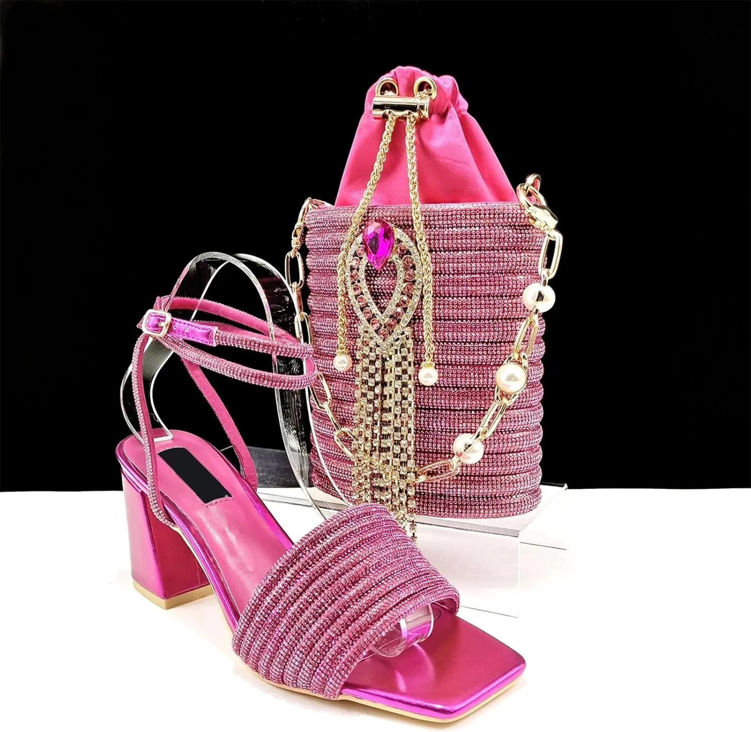Women's Black-Gold Nigerian Set - Square-Toe Crystal Pumps & Hammered Metal Clutch for Luxury Parties