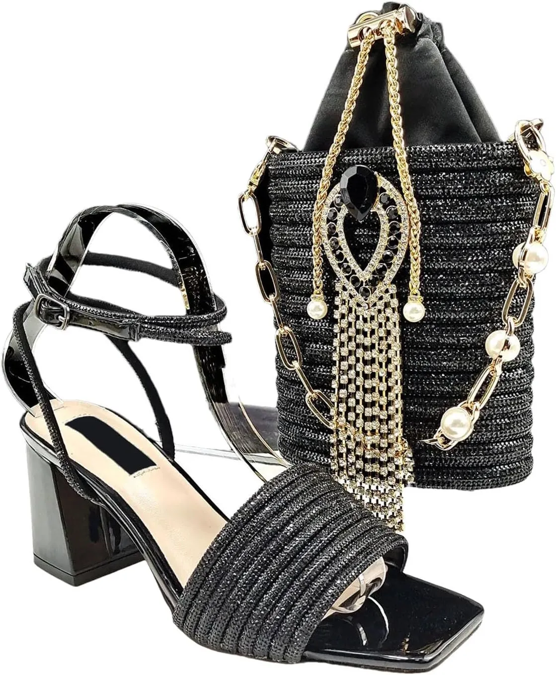 Women's Black-Gold Nigerian Set - Square-Toe Crystal Pumps & Hammered Metal Clutch for Luxury Parties