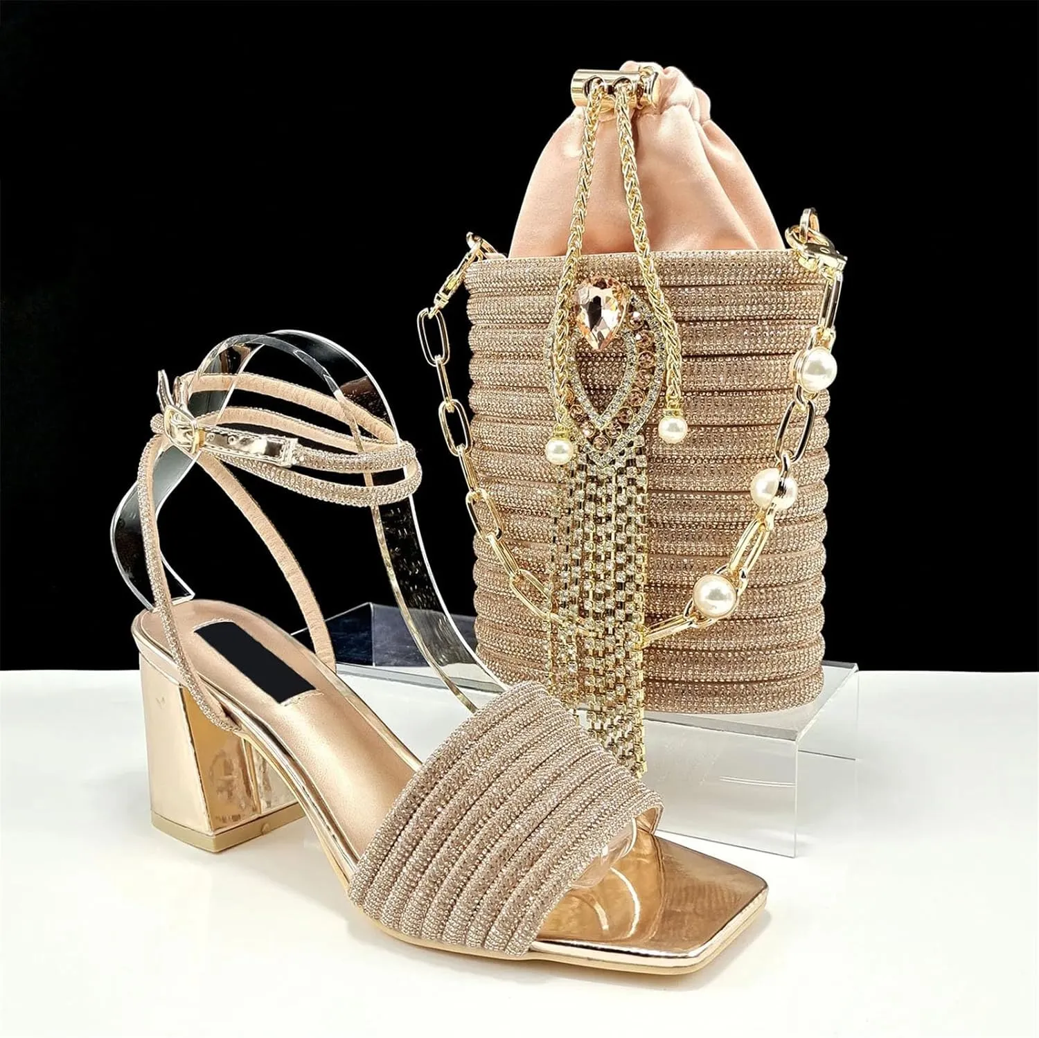 Women's Black-Gold Nigerian Set - Square-Toe Crystal Pumps & Hammered Metal Clutch for Luxury Parties