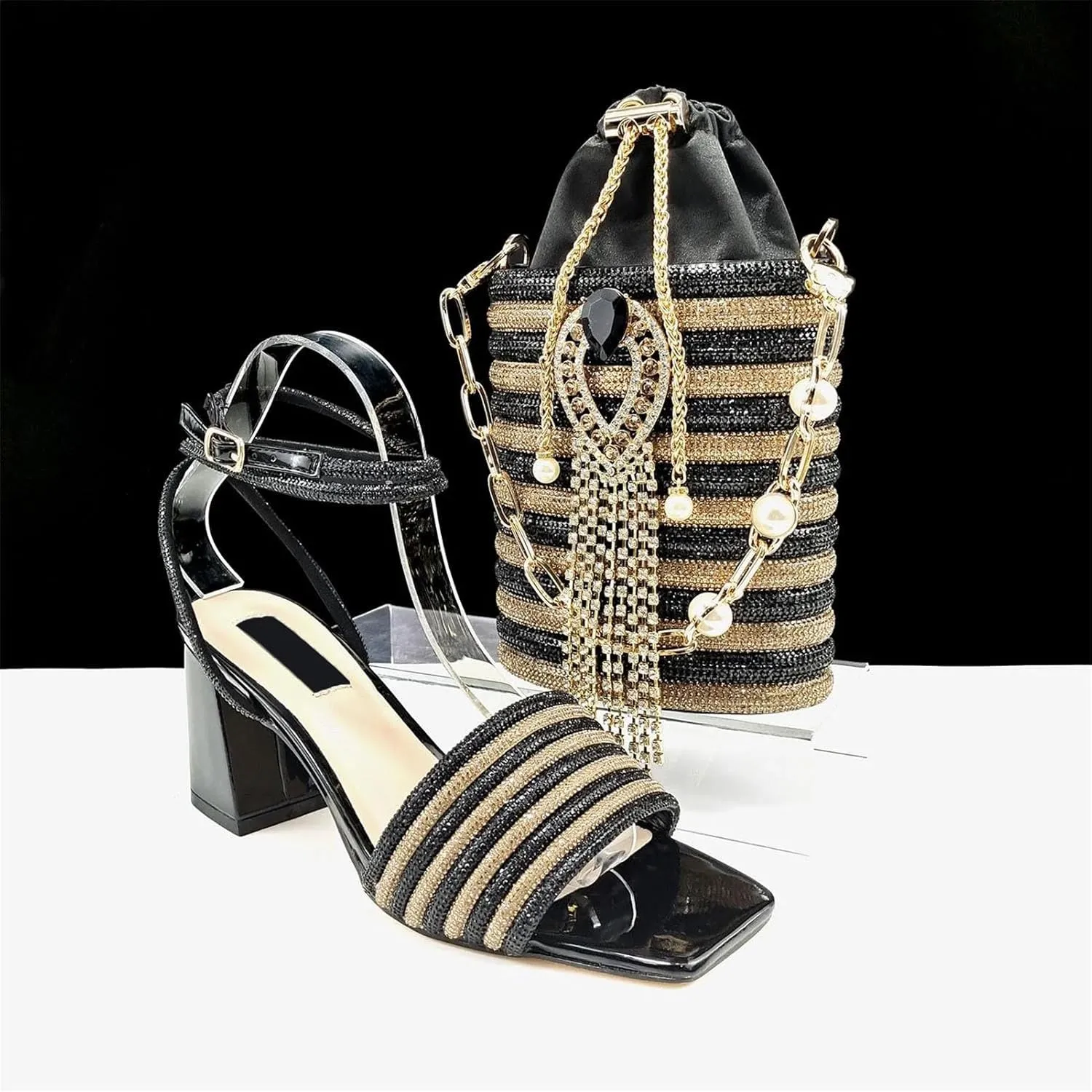 Women's Black-Gold Nigerian Set - Square-Toe Crystal Pumps & Hammered Metal Clutch for Luxury Parties