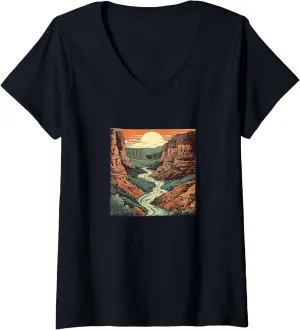 Womens Canyon With River Vintage Landscape Colorful Graphic V-Neck T-Shirt