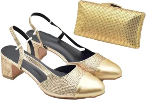 Women's Gold Nigerian-Italian Bridal Set - Full Rhinestone Luxury Pumps & Evening Bag