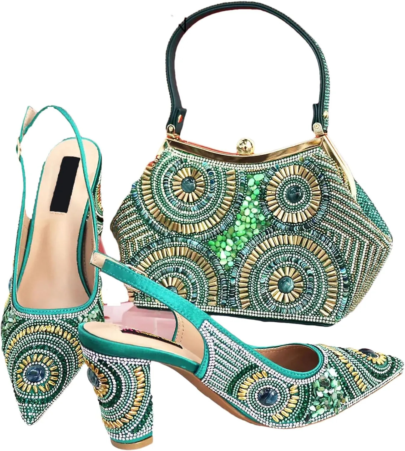 Women's Italian Embossed Luxury Set - Diamond-Encrusted Pumps & Vintage-Inspired Clutch for Mature Elegance