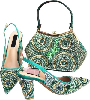 Women's Italian Embossed Luxury Set - Diamond-Encrusted Pumps & Vintage-Inspired Clutch for Mature Elegance