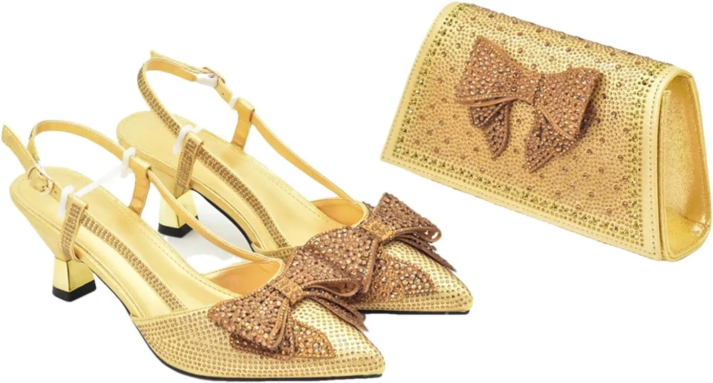 Women's Italian Luxury Heel Set - Rhinestone-Embellished Party Pumps & Matching Bag