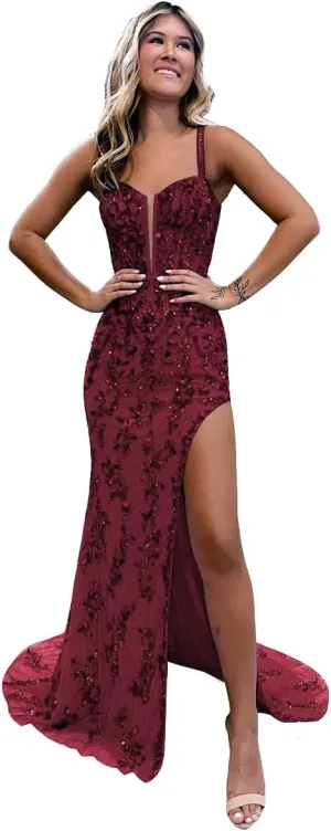 Women's Lace Applicque Spaghetti Strap Prom Dresses with Slit Tulle Mermaid Long Ball Gowns DI015