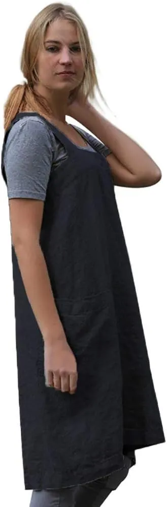 Women’s Pinafore Square Apron Baking Cooking Gardening Works Cross Back Cotton/Linen Blend Dress with 2 Pockets