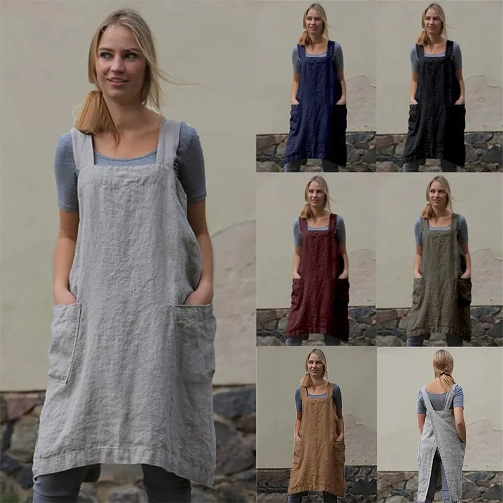 Women’s Pinafore Square Apron Baking Cooking Gardening Works Cross Back Cotton/Linen Blend Dress with 2 Pockets
