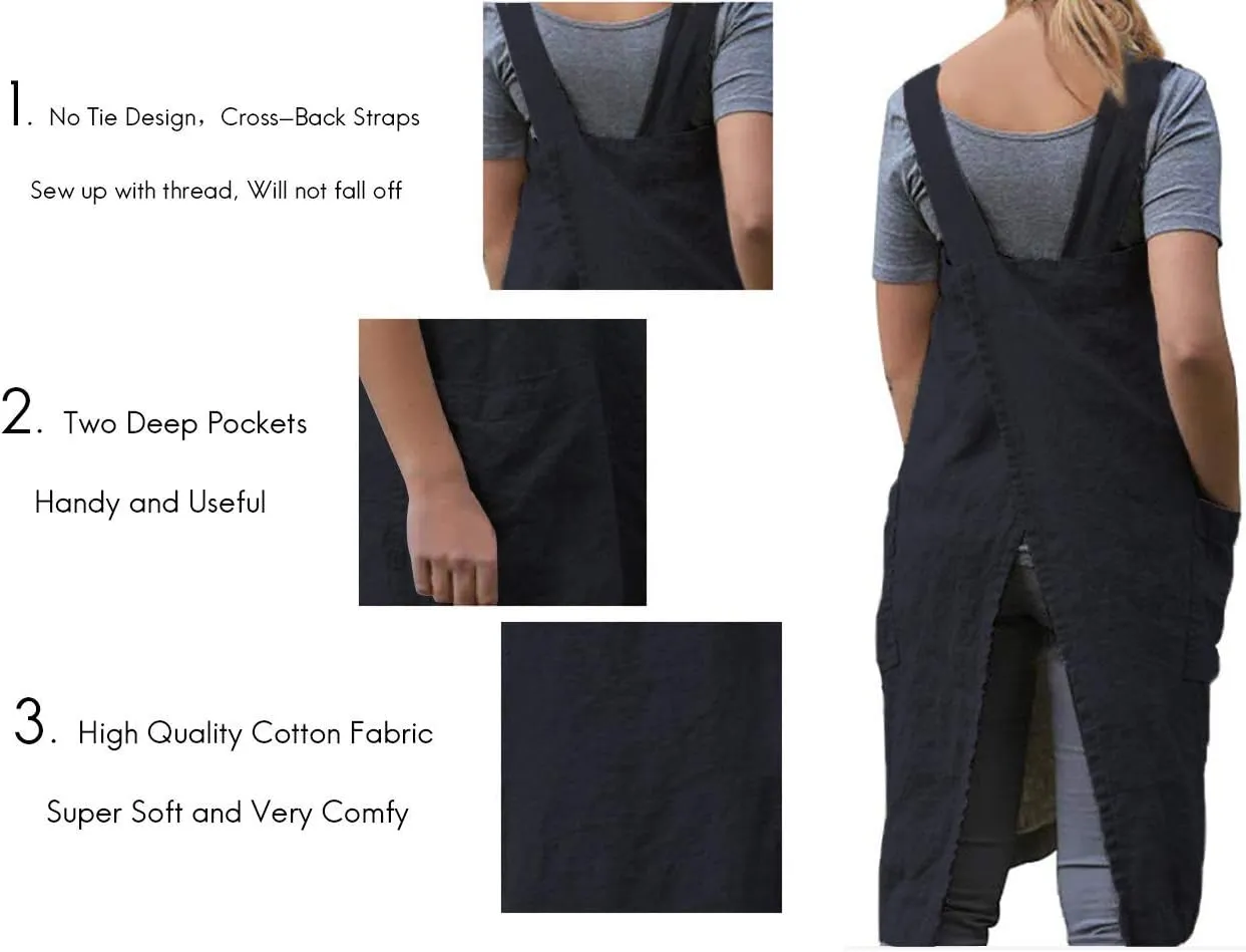 Women’s Pinafore Square Apron Baking Cooking Gardening Works Cross Back Cotton/Linen Blend Dress with 2 Pockets