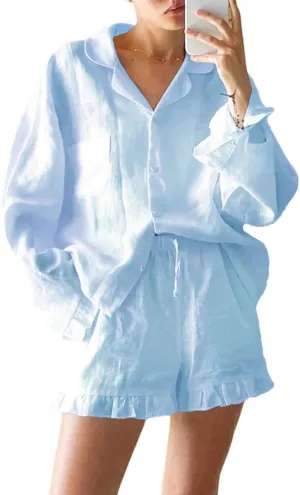 Womens Ruffle Pajama Sets 2 Piece Long Sleeve Button Down Shirt and Shorts Set Cozy Cotton Lounge Set