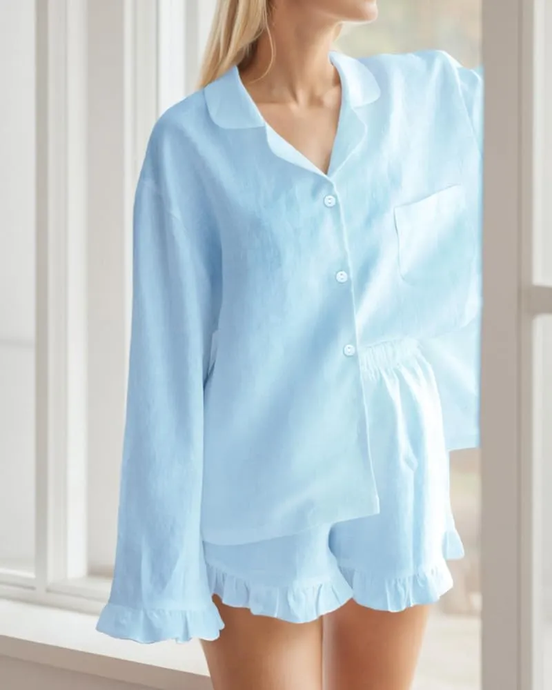 Womens Ruffle Pajama Sets 2 Piece Long Sleeve Button Down Shirt and Shorts Set Cozy Cotton Lounge Set