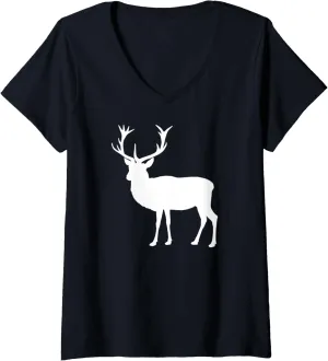 Womens White Stag with Proud Antlers V-Neck T-Shirt