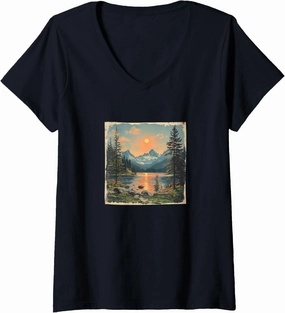 Womens Alpine Lake Vintage Landscape Graphic V-Neck T-Shirt