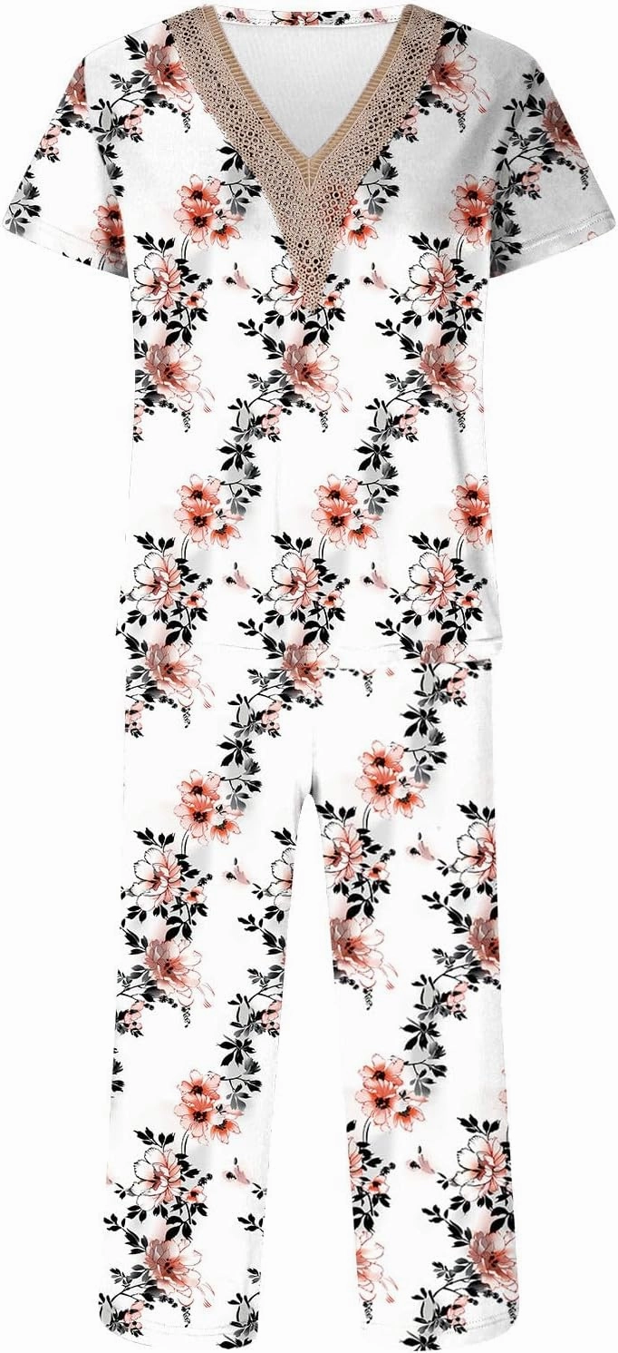 Womens Capri Pajama Sets Sexy Lace V Neck Soft Pjs Set Pants And Short Sleeve Sleepwear Loungewear Trendy Clothes