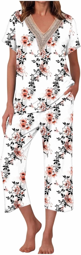 Womens Capri Pajama Sets Sexy Lace V Neck Soft Pjs Set Pants And Short Sleeve Sleepwear Loungewear Trendy Clothes