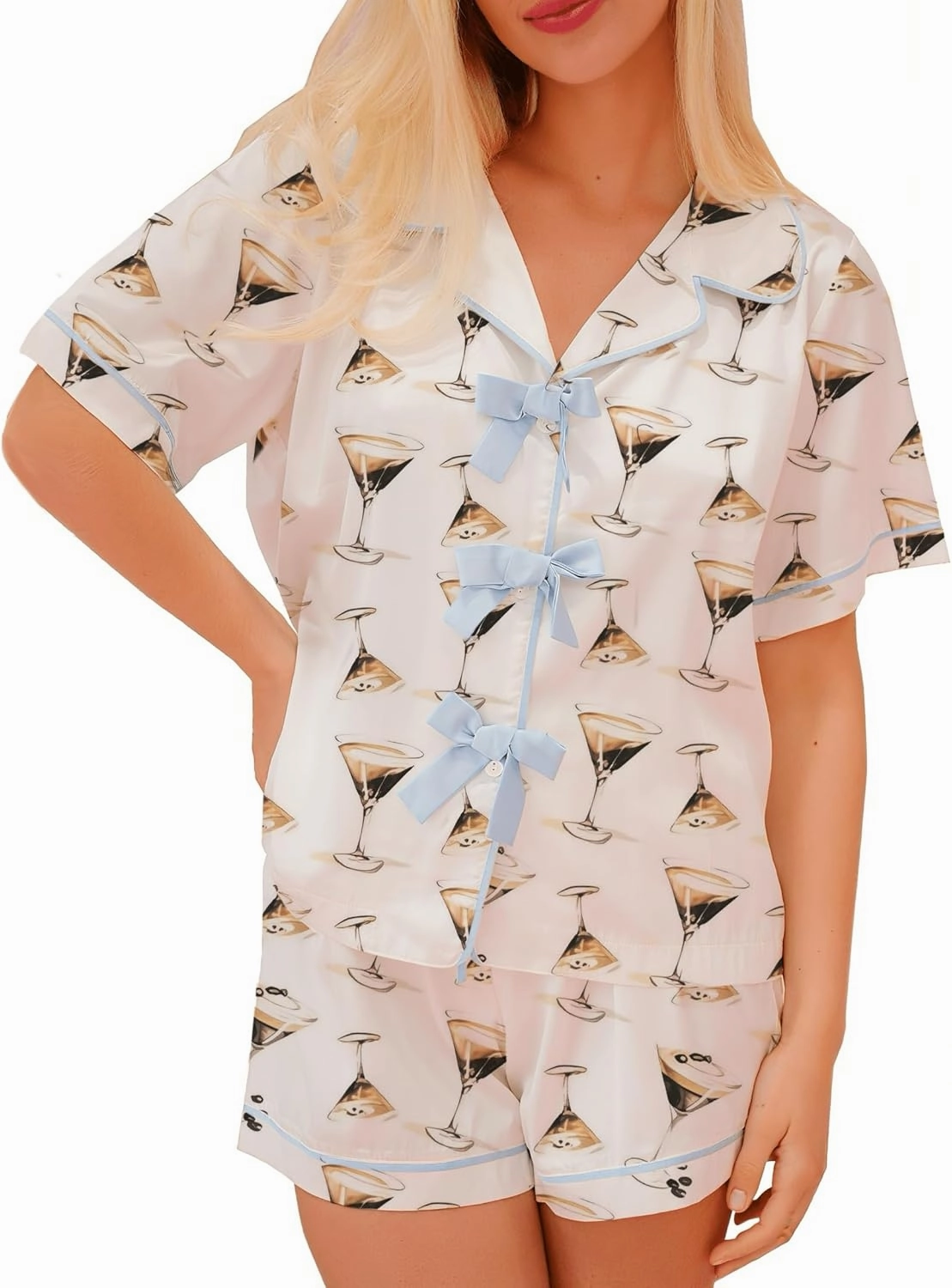 Womens Cute Bow Tie Front Pajamas Summer Y2k Floral Pjs 2 Piece Outfits Puff Sleeve Shirt Ruffle Lounge Shorts Sets