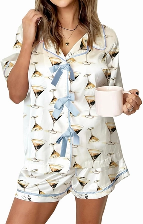 Womens Cute Bow Tie Front Pajamas Summer Y2k Floral Pjs 2 Piece Outfits Puff Sleeve Shirt Ruffle Lounge Shorts Sets