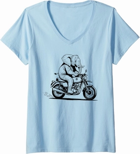 Womens Grumpy Elephant Motorbike Rider Drawing V-Neck T-Shirt