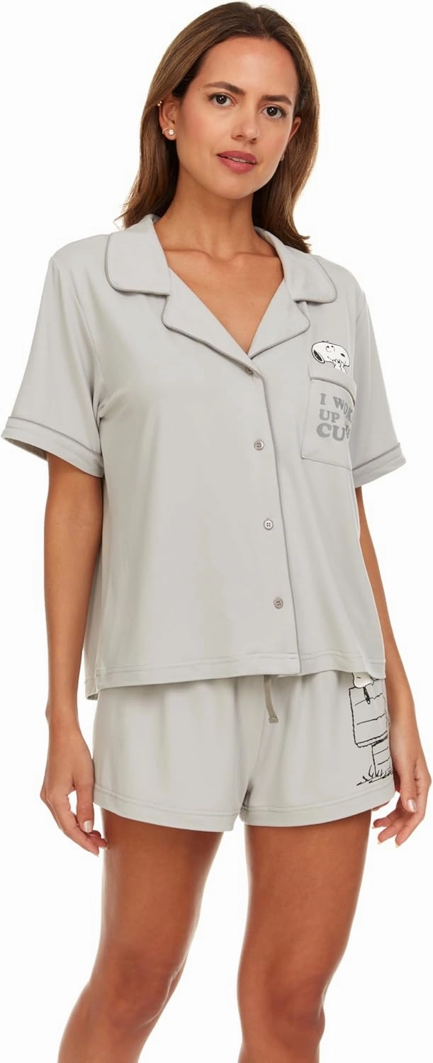 Womens Pamaja Sets - 2 Piece Peanuts Snoopy Shorts Sleeve Button Down Top and Pajama Shorts Set for Women (S-XL)