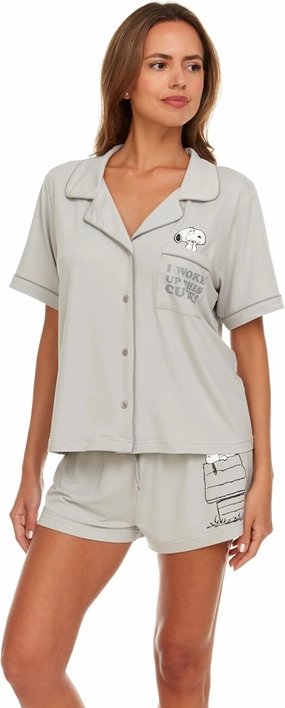 Womens Pamaja Sets - 2 Piece Peanuts Snoopy Shorts Sleeve Button Down Top and Pajama Shorts Set for Women (S-XL)