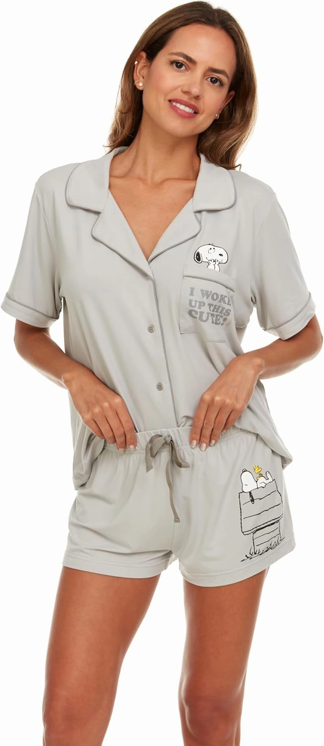 Womens Pamaja Sets - 2 Piece Peanuts Snoopy Shorts Sleeve Button Down Top and Pajama Shorts Set for Women (S-XL)