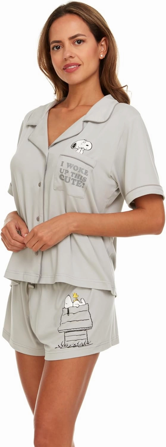 Womens Pamaja Sets - 2 Piece Peanuts Snoopy Shorts Sleeve Button Down Top and Pajama Shorts Set for Women (S-XL)