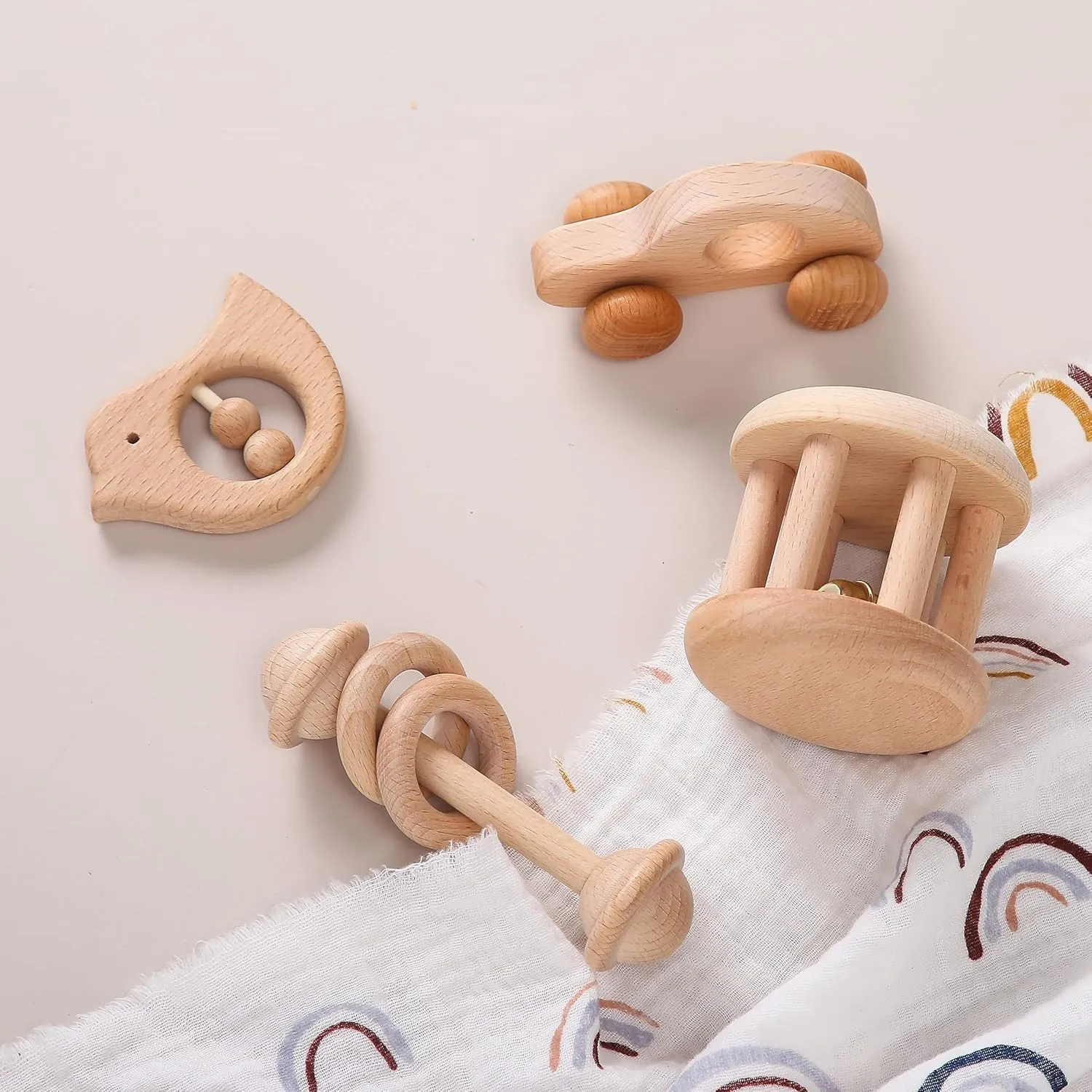 Wooden Baby Toys Wooden Rattle 4PC Handmade Natural Organic Preschool Baby Grasping Toy