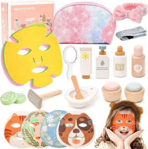 Wooden Makeup Set, Kids Pretend Beauty Salon Toys, Skin Care Learning Toys with Facial Cleanser, Mirror, Face Mask, Play Spa Set for Toddler 3 4 5 6 7  Year Old Girls Christmas Birthday Gifts
