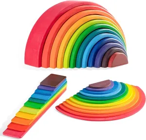 Wooden Rainbow Stacker Set - Rainbow Stacking Toy Set with Stacker, Semicircle, Building Board - Waldorf Wooden Open Ended Toys - Great for Gifts (3 Pack)