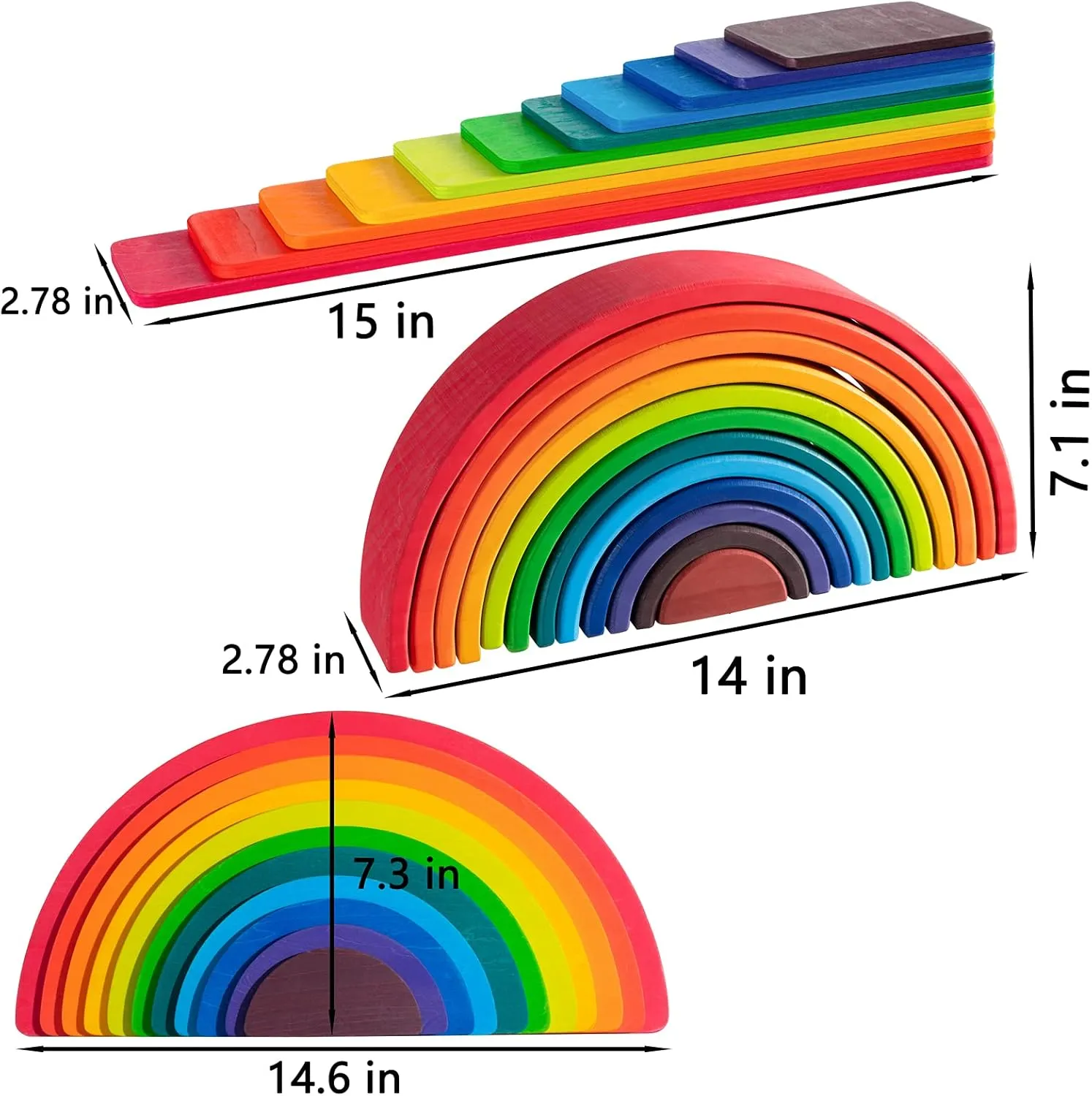 Wooden Rainbow Stacker Set - Rainbow Stacking Toy Set with Stacker, Semicircle, Building Board - Waldorf Wooden Open Ended Toys - Great for Gifts (3 Pack)