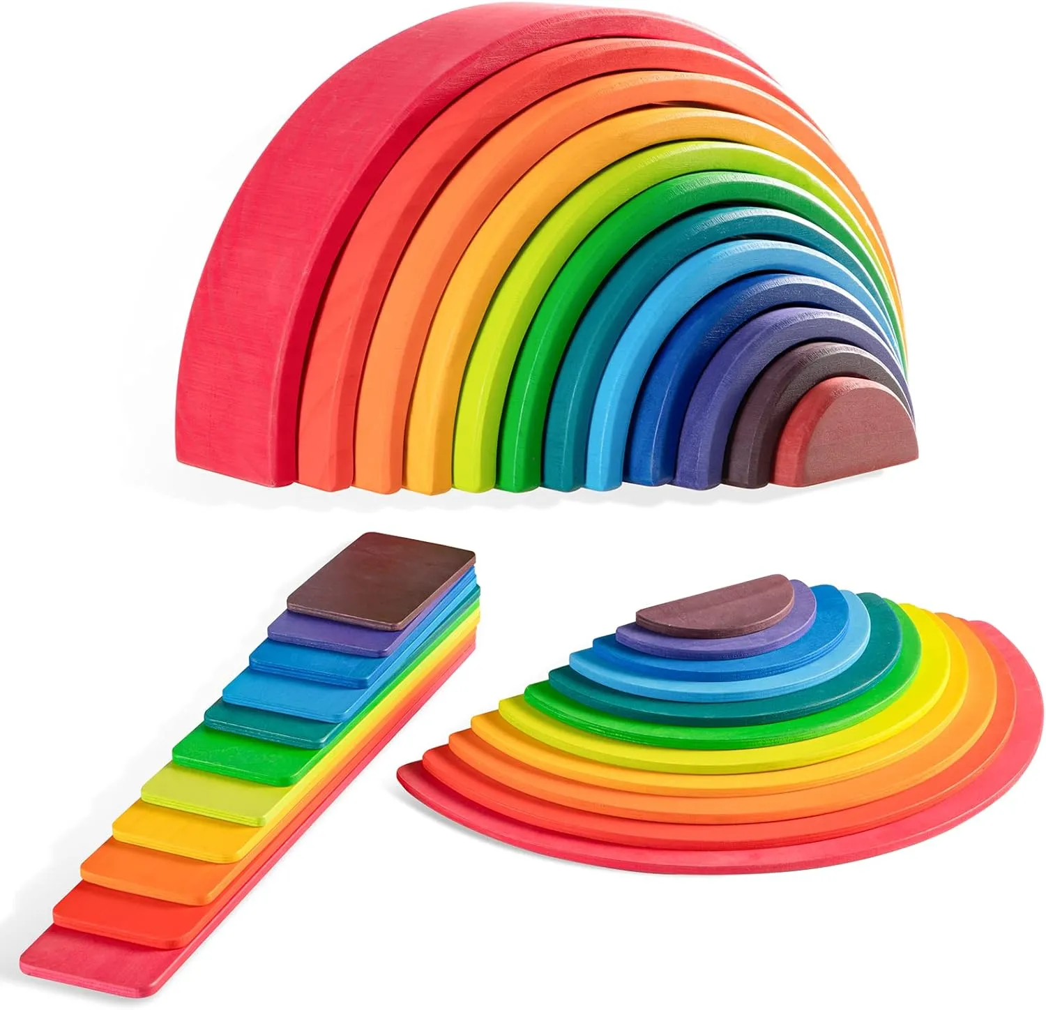 Wooden Rainbow Stacker Set - Rainbow Stacking Toy Set with Stacker, Semicircle, Building Board - Waldorf Wooden Open Ended Toys - Great for Gifts (3 Pack)