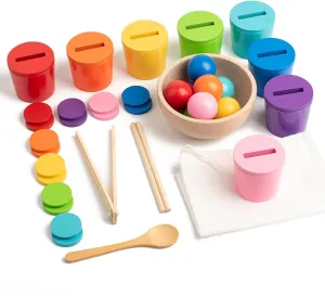 Wooden Sensory Color Sorting Toy for Toddlers, Balls in Cups Montessori Counting Toy, Preschool Learning STEM Kit for Kids Ages 3 