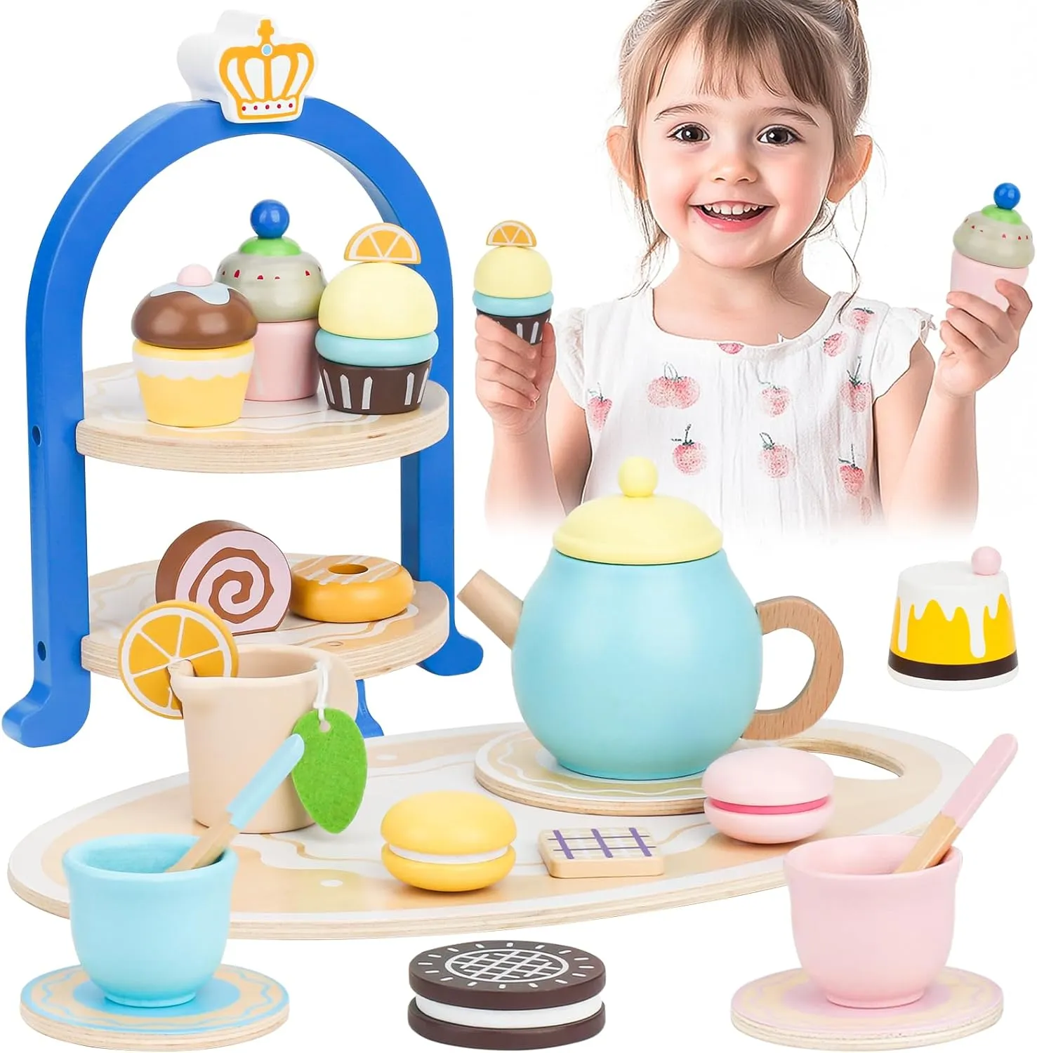 Wooden Tea Sets for Toddlers 3-5, Princess Tea Party Set for Little Girls with Cupcake Stand and Food Accessories, Pretend Play Educational Toys for 3 4 5 6 Year Old Girl and Boy Birthday Gift