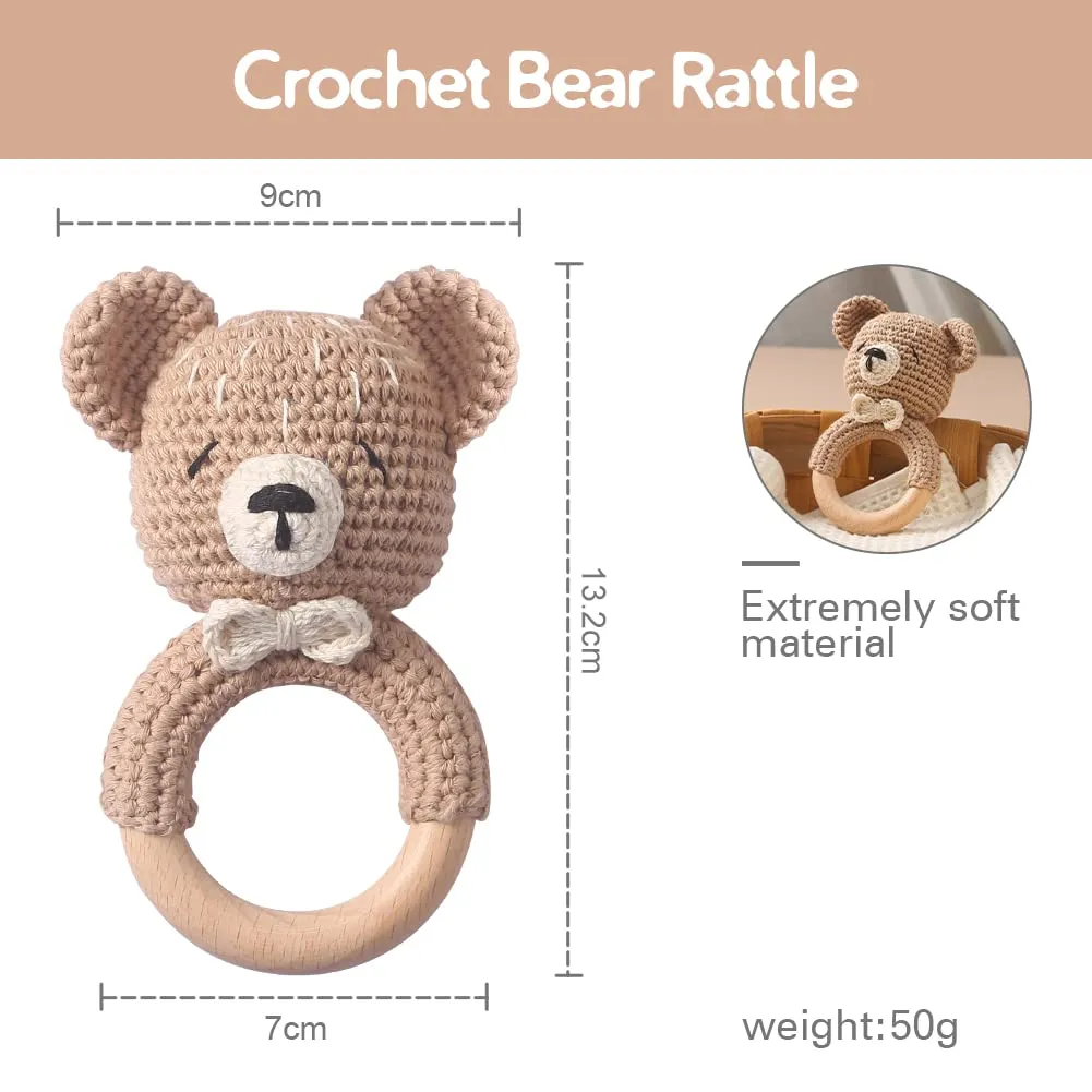 WOODEN TEETHER Baby Rattle, Shaker Toy,Crochet Baby Rattle, Crochet Baby Toys, Organic Wooden Newborn Toys, Newborn Animal Rattle Toys，Knitted Stuffed Animals Gifts for Baby, Kahki Bear