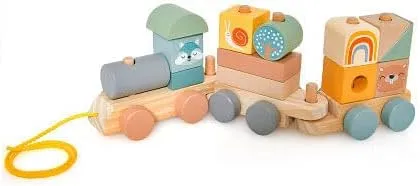 Wooden Toy Train Set with Stacking Wooden Blocks and Cute Animal Patterns