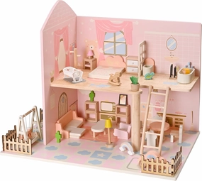 Wooden House with 40pcs House Accessories and Furniture, House for Kids Pretend Play Toys, 4 Rooms Mini House with Yard House for Girls Ages 3  Birthday Gift Playset