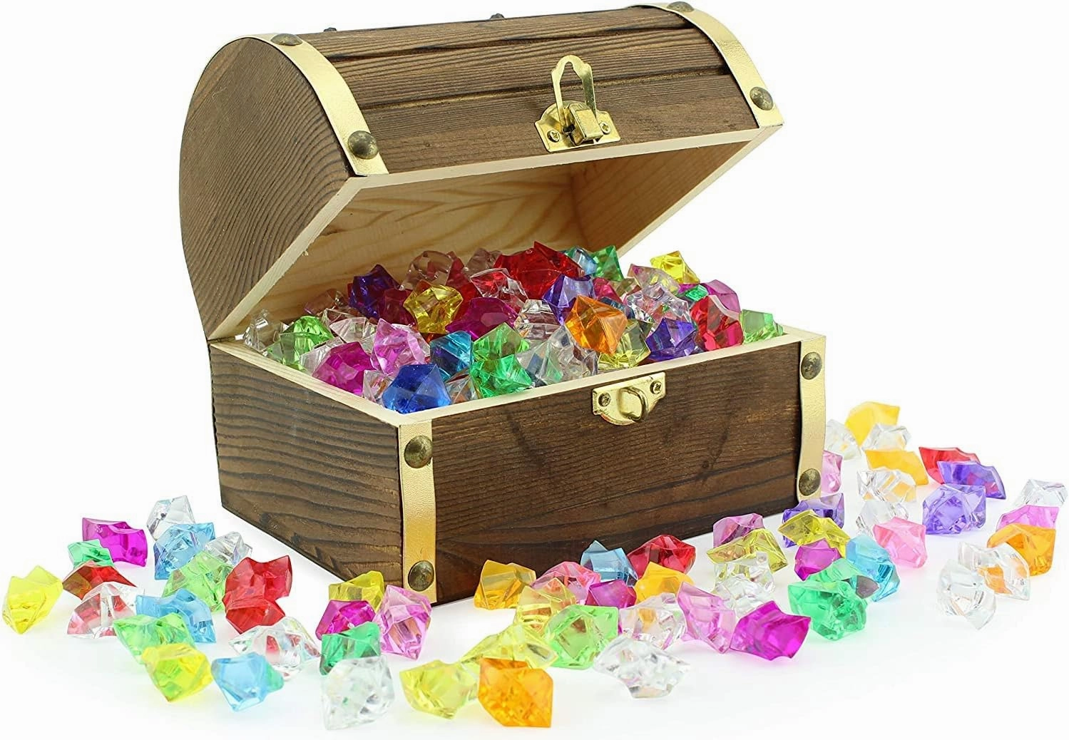 Wooden Pirate Treasure Chest with 240 Colored "Jewels" (Plastic Gems); 6" x 4.5" x 5" Antique Style Wood Box; 1 Lb. Acrylic Gemstones