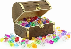 Wooden Pirate Treasure Chest with 240 Colored "Jewels" (Plastic Gems); 6" x 4.5" x 5" Antique Style Wood Box; 1 Lb. Acrylic Gemstones