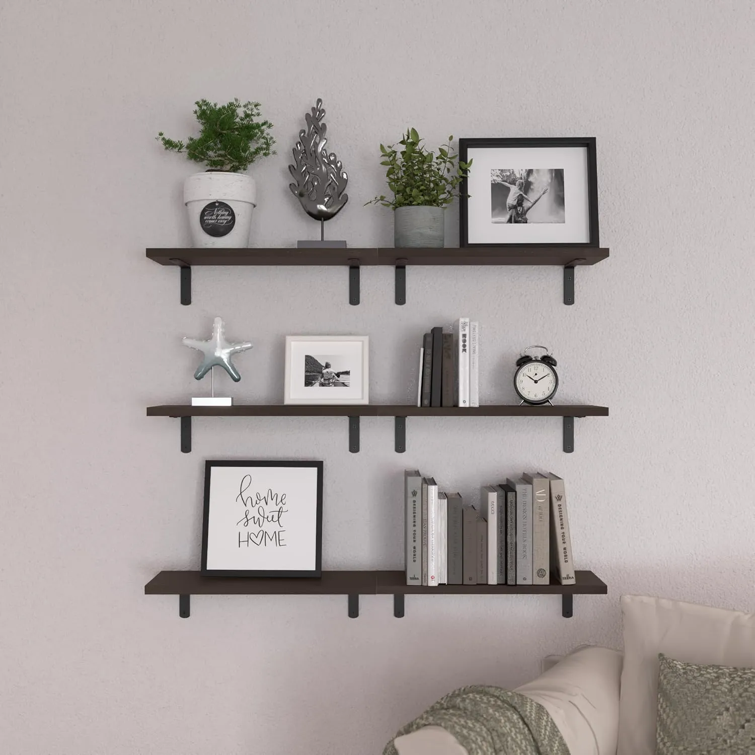 WOPITUES Floating Shelves Set of 6, Wood Wall Mounted, Rustic Farmhouse Shelf for Decor, Bathroom, Book Shelves for Living Room - Dark Brown, HM011A