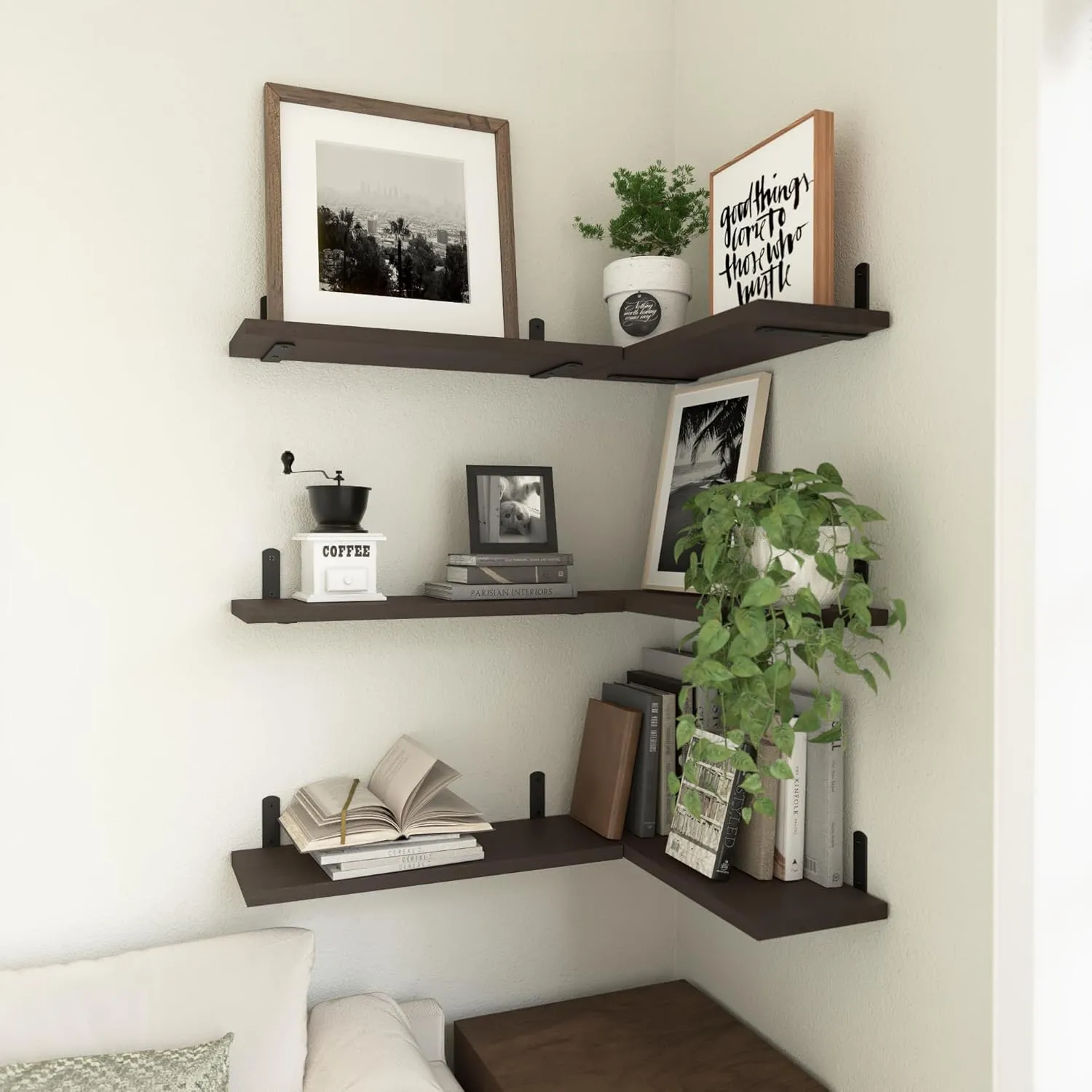 WOPITUES Floating Shelves Set of 6, Wood Wall Mounted, Rustic Farmhouse Shelf for Decor, Bathroom, Book Shelves for Living Room - Dark Brown, HM011A
