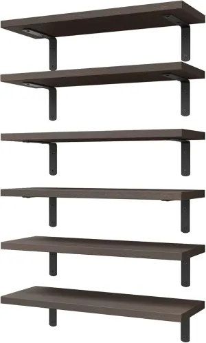 WOPITUES Floating Shelves Set of 6, Wood Wall Mounted, Rustic Farmhouse Shelf for Decor, Bathroom, Book Shelves for Living Room - Dark Brown, HM011A
