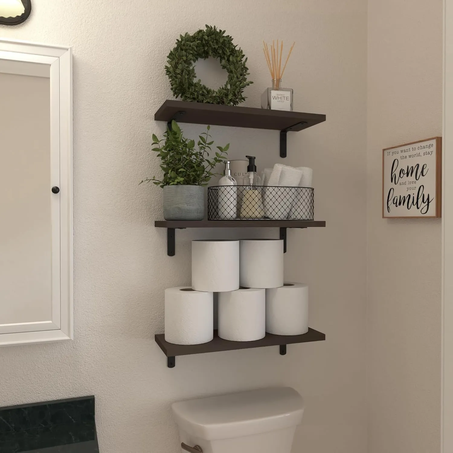 WOPITUES Floating Shelves Set of 6, Wood Wall Mounted, Rustic Farmhouse Shelf for Decor, Bathroom, Book Shelves for Living Room - Dark Brown, HM011A