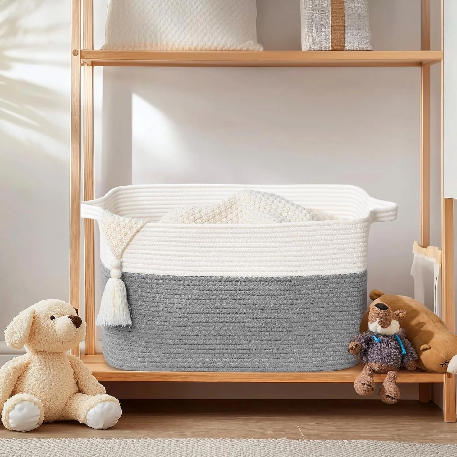 Woven Blanket Basket, 60 L Rectangle Baskets for Organizing, Large Laundry Basket for Toys, Blankets, Nursery Blanket Storage for Living Room, Gray