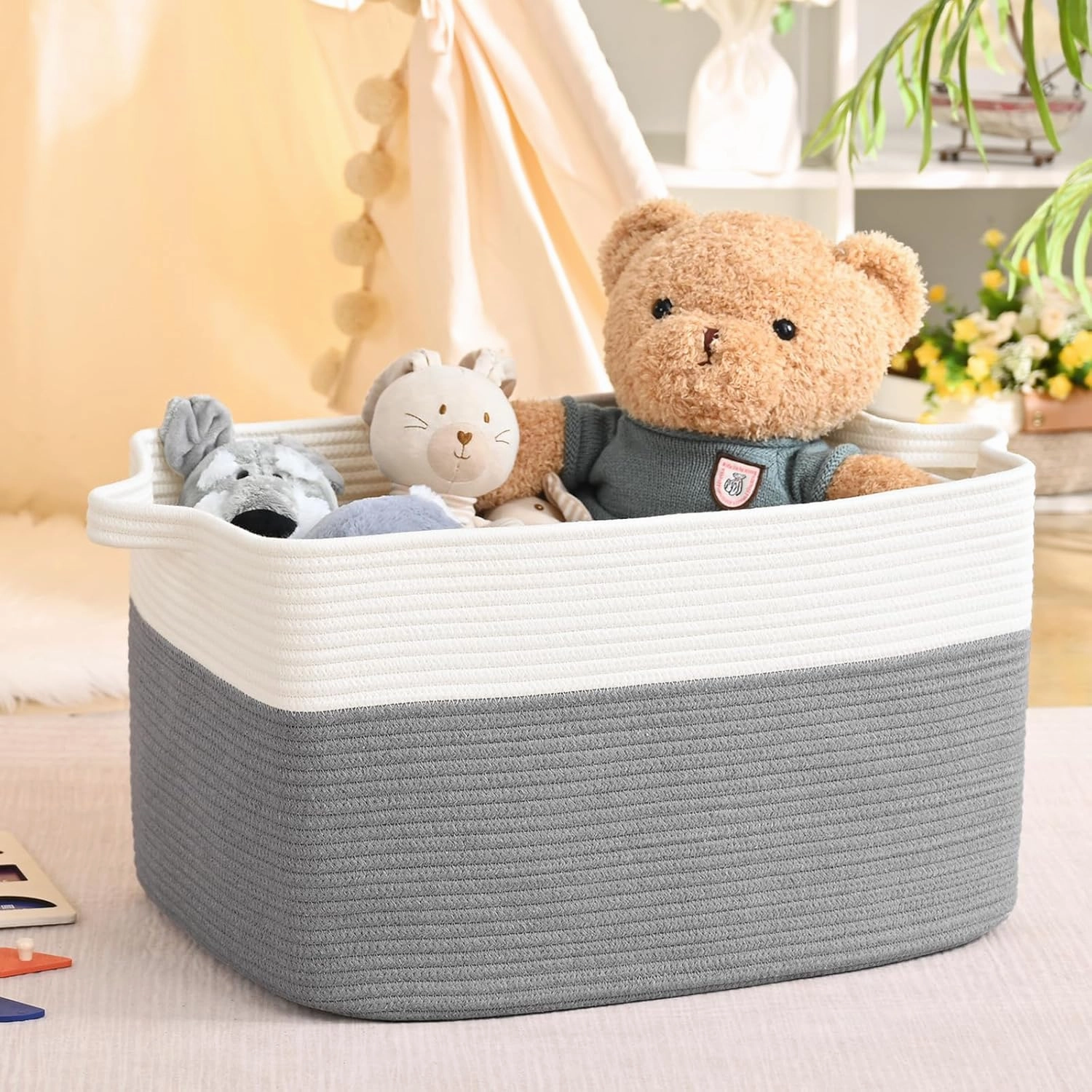 Woven Blanket Basket, 60 L Rectangle Baskets for Organizing, Large Laundry Basket for Toys, Blankets, Nursery Blanket Storage for Living Room, Gray