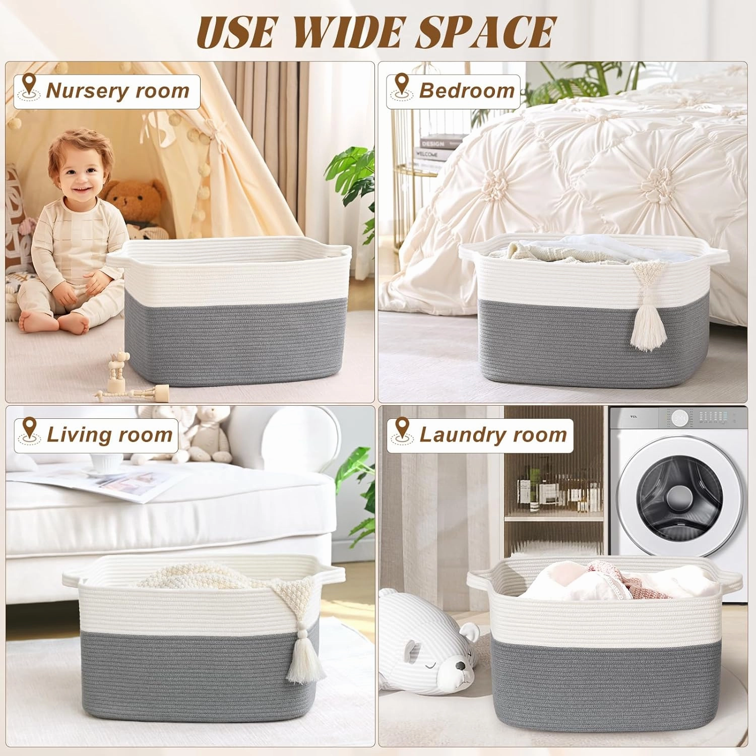 Woven Blanket Basket, 60 L Rectangle Baskets for Organizing, Large Laundry Basket for Toys, Blankets, Nursery Blanket Storage for Living Room, Gray