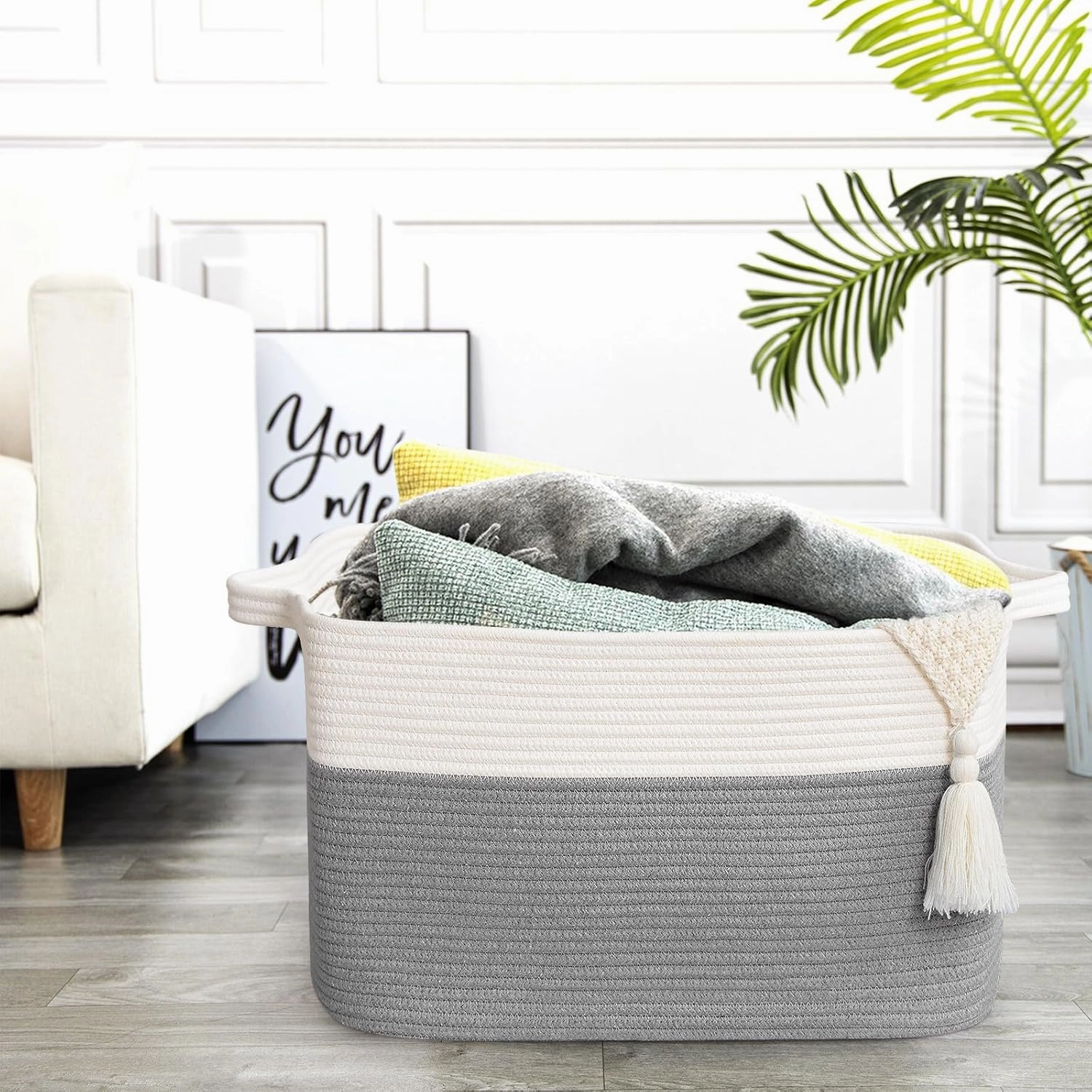 Woven Blanket Basket, 60 L Rectangle Baskets for Organizing, Large Laundry Basket for Toys, Blankets, Nursery Blanket Storage for Living Room, Gray