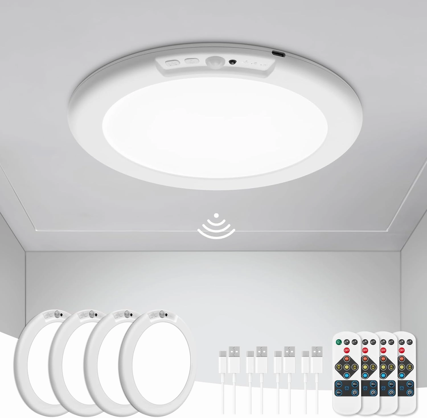 wowatt 4Pcs Battery Operated Ceiling Lights Rechargeable Motion Sensor Light Indoor Wireless Shower Light with Remote 3000K 4500K 6500K 7.48in Dimmable Timing Motion Activated Light for Closet Shower