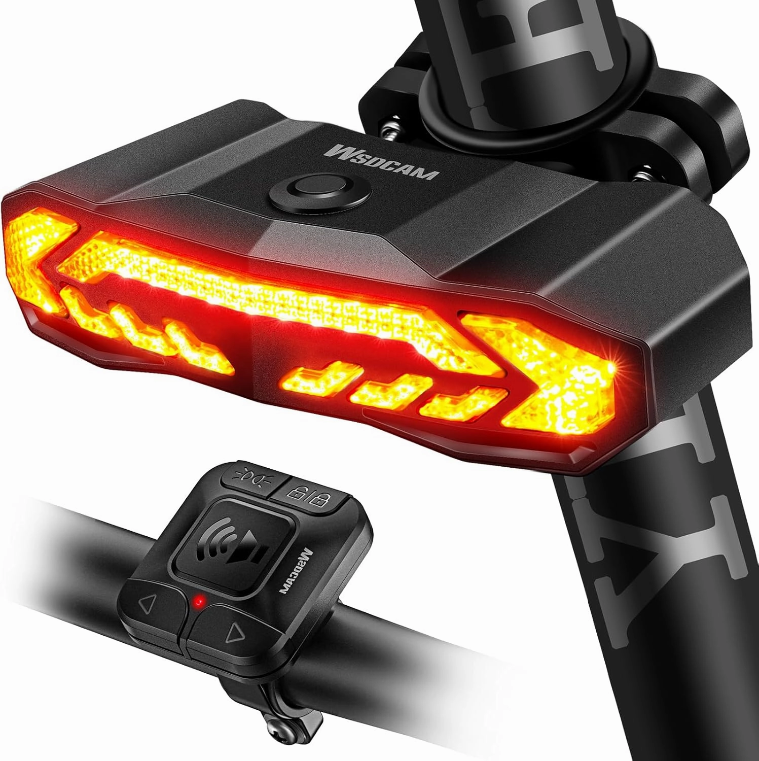 WSDCAM Smart Bike Tail Light with Turn Signals and Rear Brake Light, Bike Alarm Horn with Remote, Auto ON/Off Rechargeable Waterproof