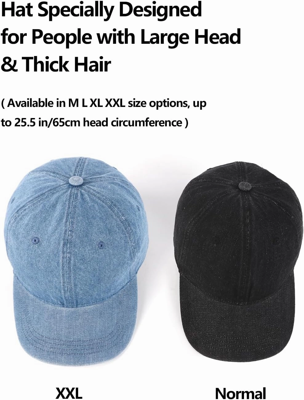 XXL Oversize Washed Denim Baseball Cap,Low Profile Jean Sports Cap for Big Heads 23.5"-25.5",Large Pigment Dyed Dad Hat