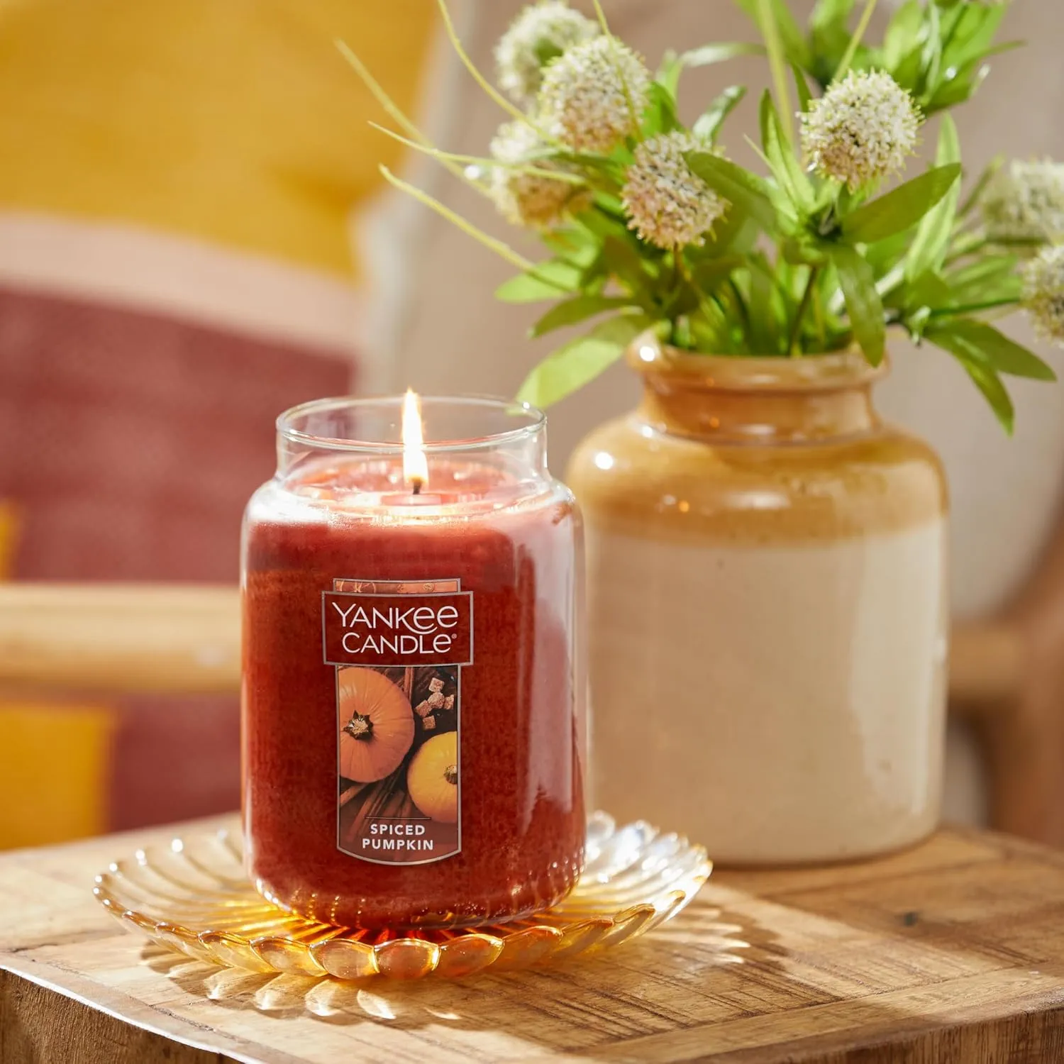 Yankee Candle Darice Candle Spiced Pumpkin Scented, 22oz Single Wick, Over 110 Hours of Burn Time, Perfect Accent for Fall Decor, Classic Large Jar, Peach (Pack of 2)